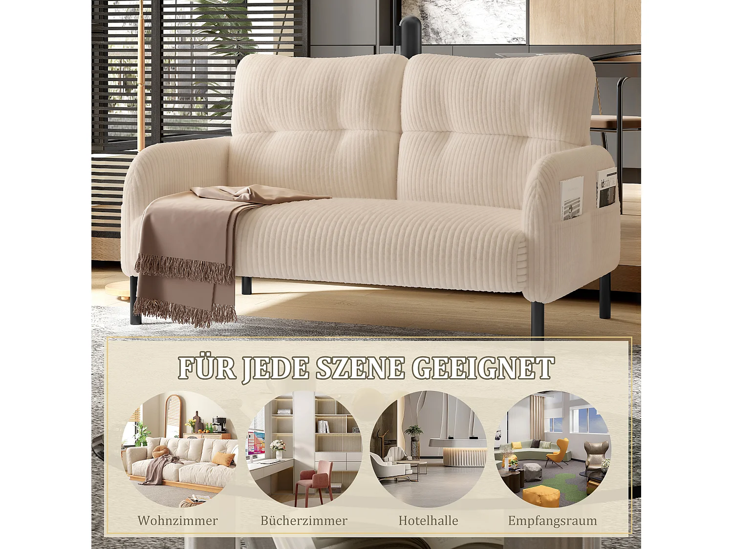 Beige Corduroy 2-zitsbank - Modulaire bank met zijzakken - Ideaal voor kleine woonkamers, studio's of studentenkamers