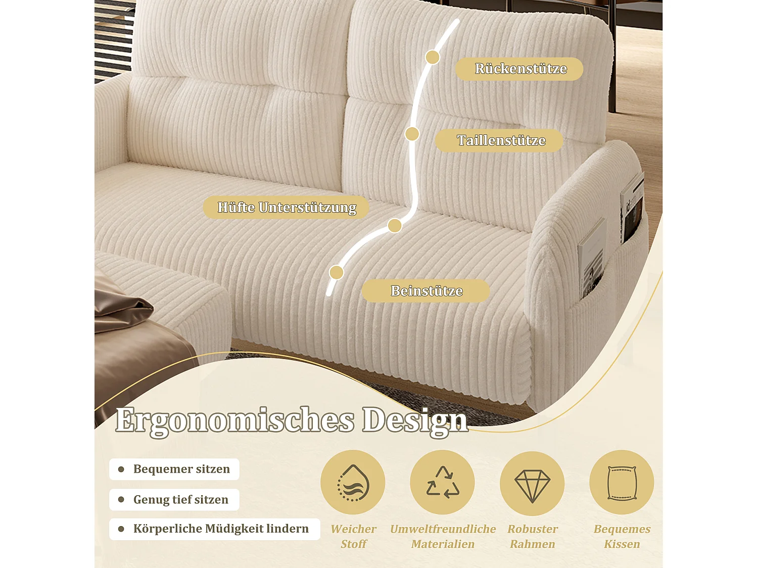 Beige Corduroy 2-zitsbank - Modulaire bank met zijzakken - Ideaal voor kleine woonkamers, studio's of studentenkamers