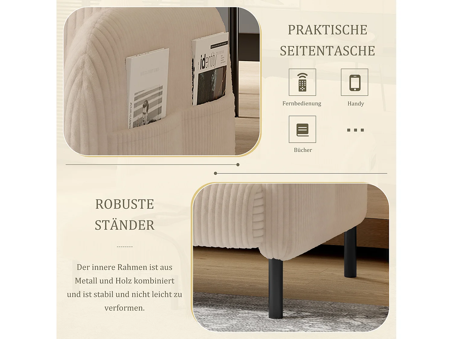 Beige Corduroy 2-zitsbank - Modulaire bank met zijzakken - Ideaal voor kleine woonkamers, studio's of studentenkamers