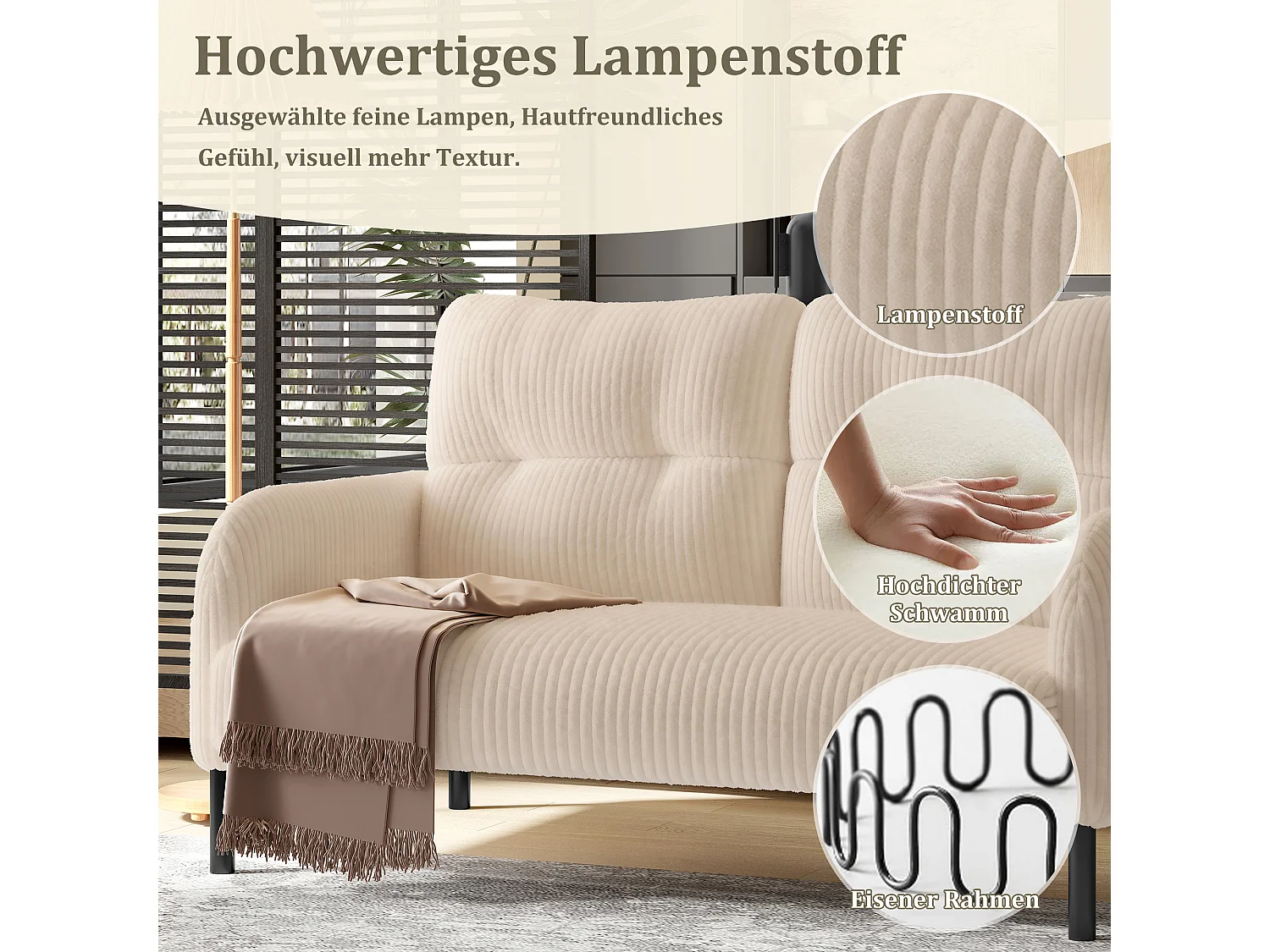 Beige Corduroy 2-zitsbank - Modulaire bank met zijzakken - Ideaal voor kleine woonkamers, studio's of studentenkamers