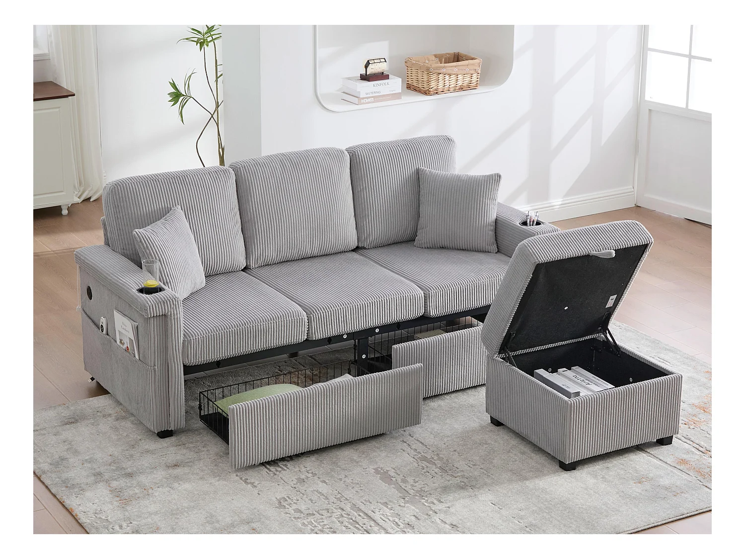Canapé modulable 4 places gris clair - avec rangement intégré - LED/USB, porte-gobelets - Idéal pour studio ou petit appartement