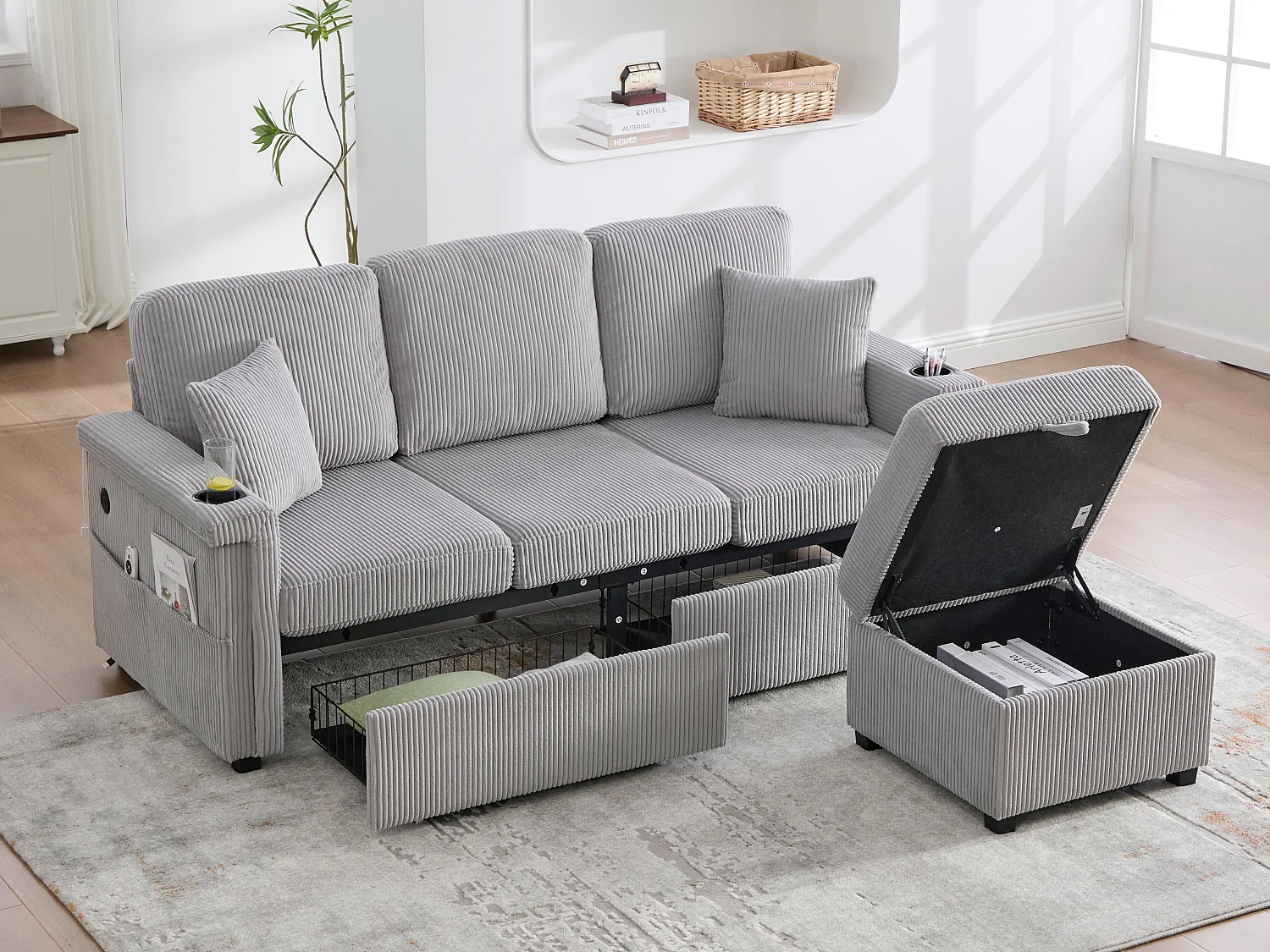 Canapé modulable 4 places gris clair - avec rangement intégré - LED/USB, porte-gobelets - Idéal pour studio ou petit appartement