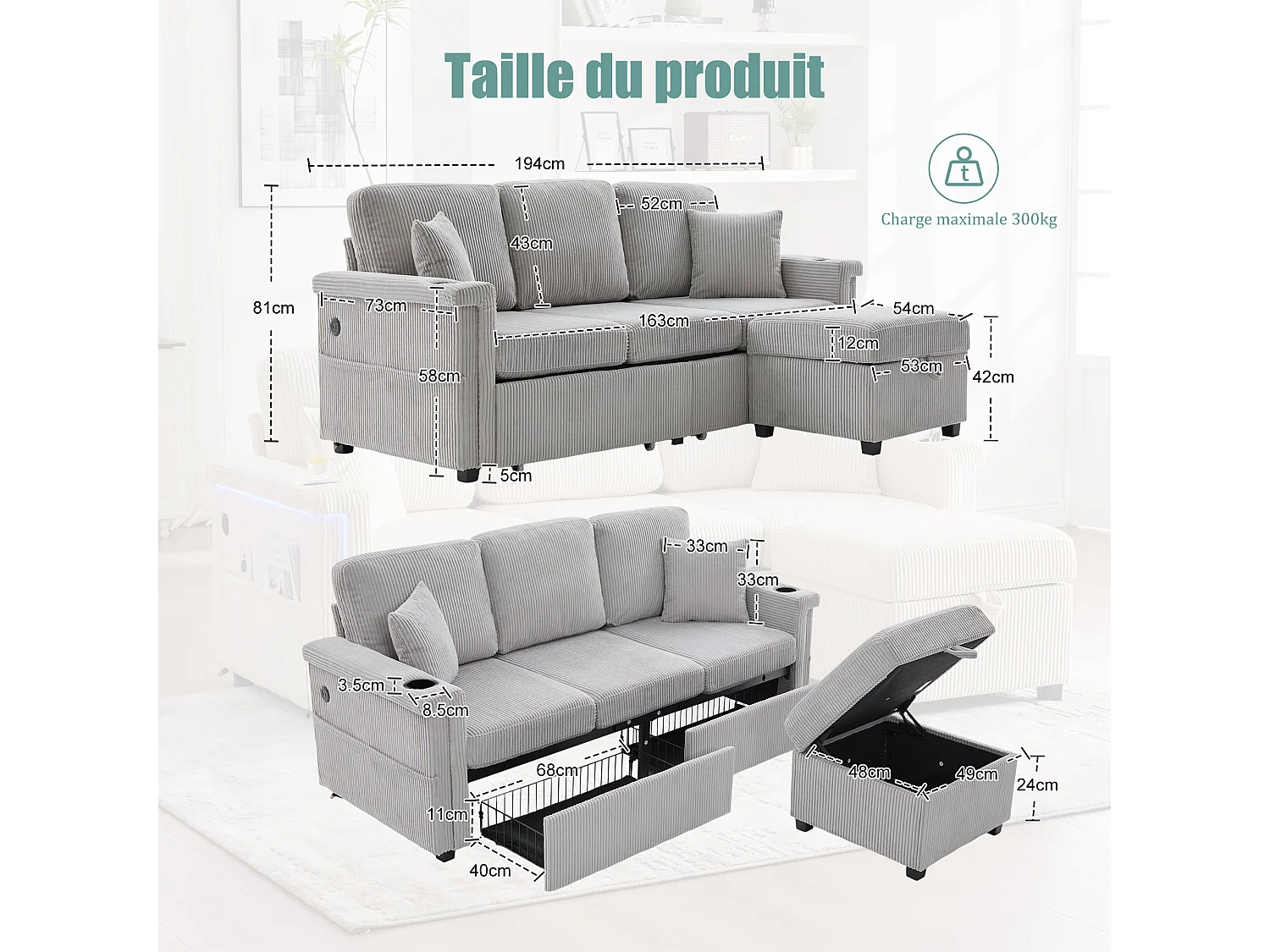 Canapé modulable 4 places gris clair - avec rangement intégré - LED/USB, porte-gobelets - Idéal pour studio ou petit appartement