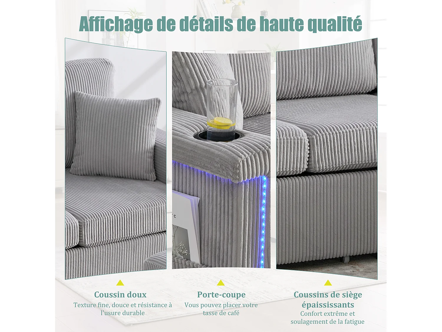 Canapé modulable 4 places gris clair - avec rangement intégré - LED/USB, porte-gobelets - Idéal pour studio ou petit appartement