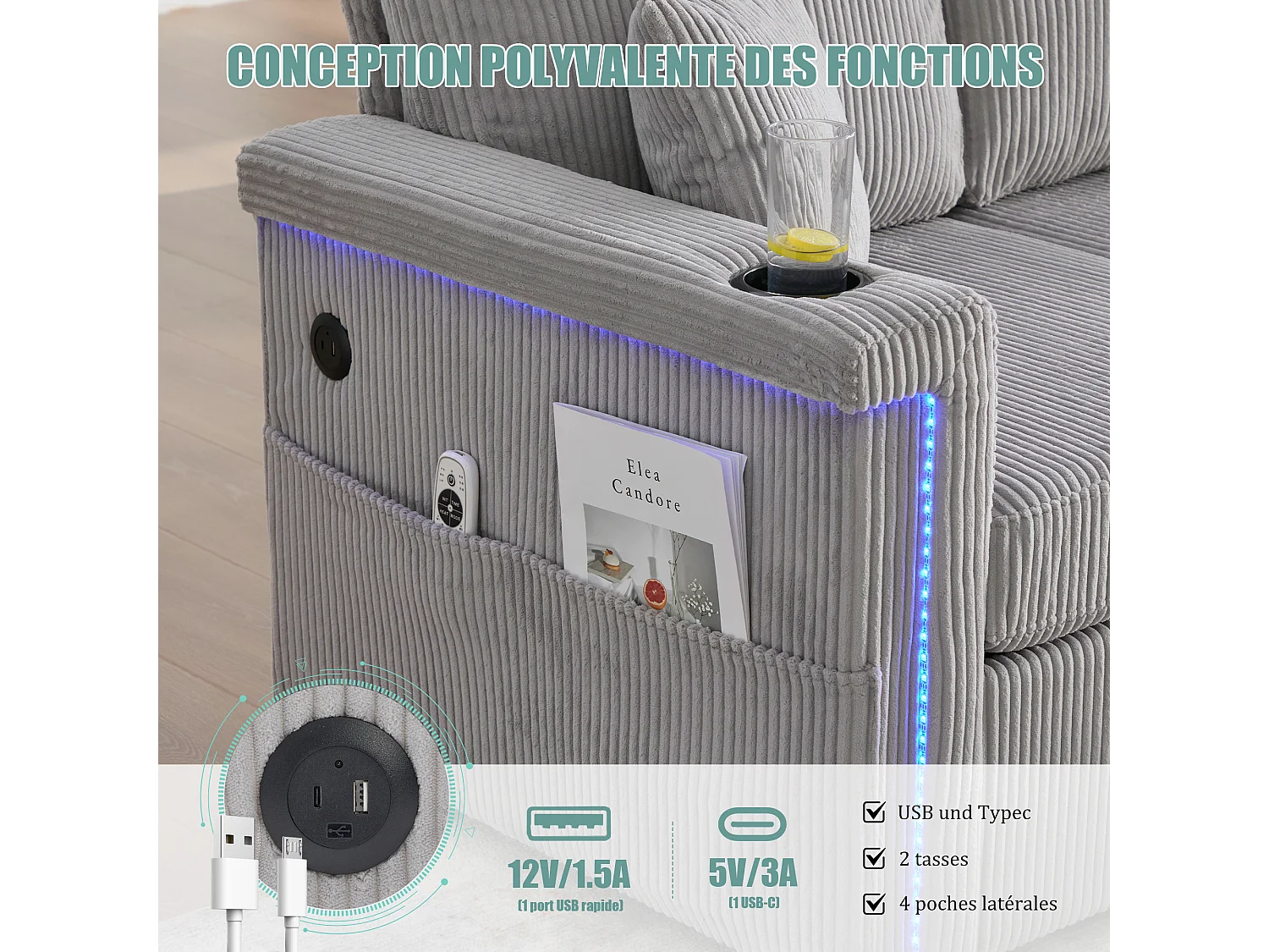 Canapé modulable 4 places gris clair - avec rangement intégré - LED/USB, porte-gobelets - Idéal pour studio ou petit appartement