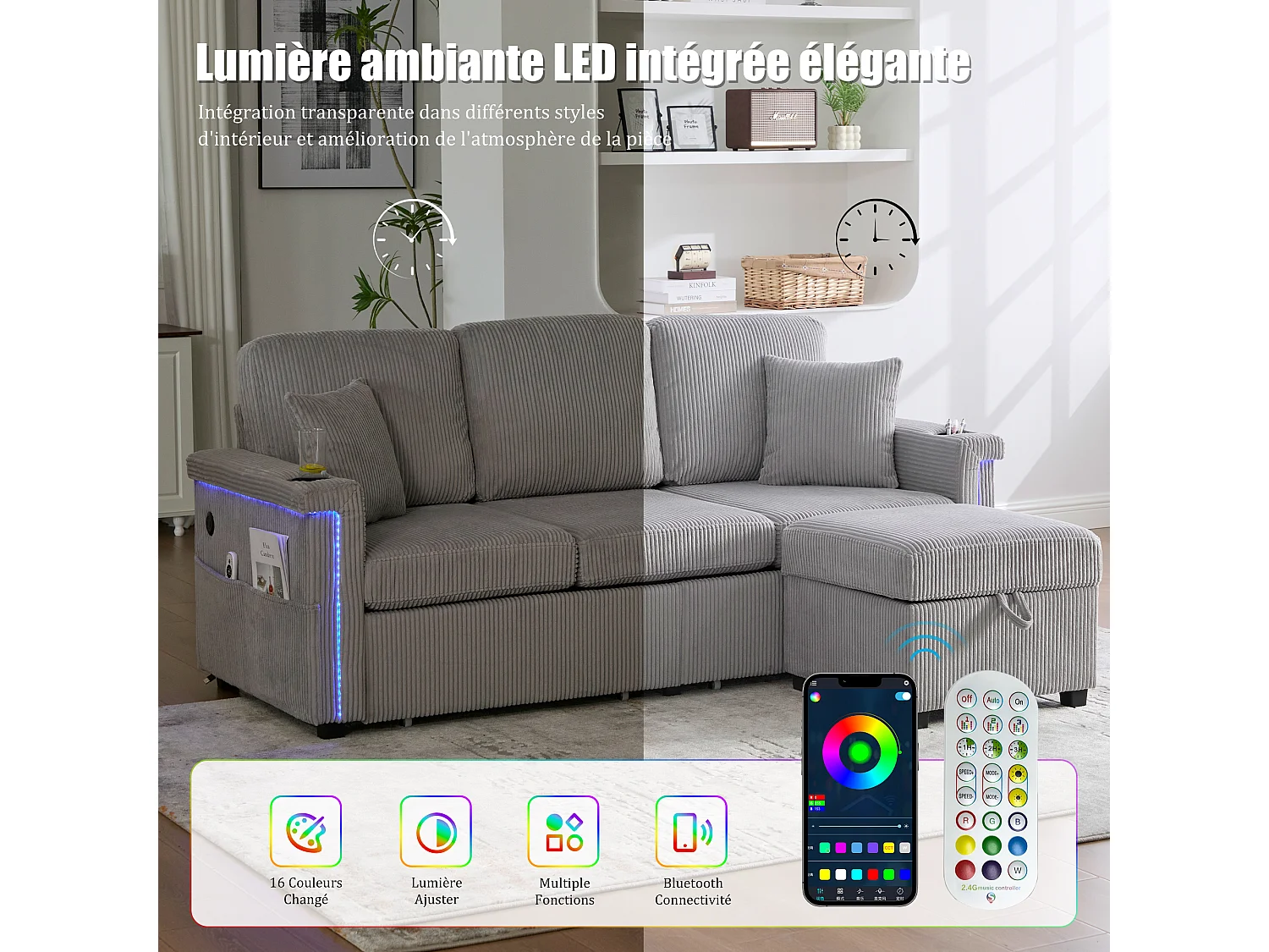 Canapé modulable 4 places gris clair - avec rangement intégré - LED/USB, porte-gobelets - Idéal pour studio ou petit appartement