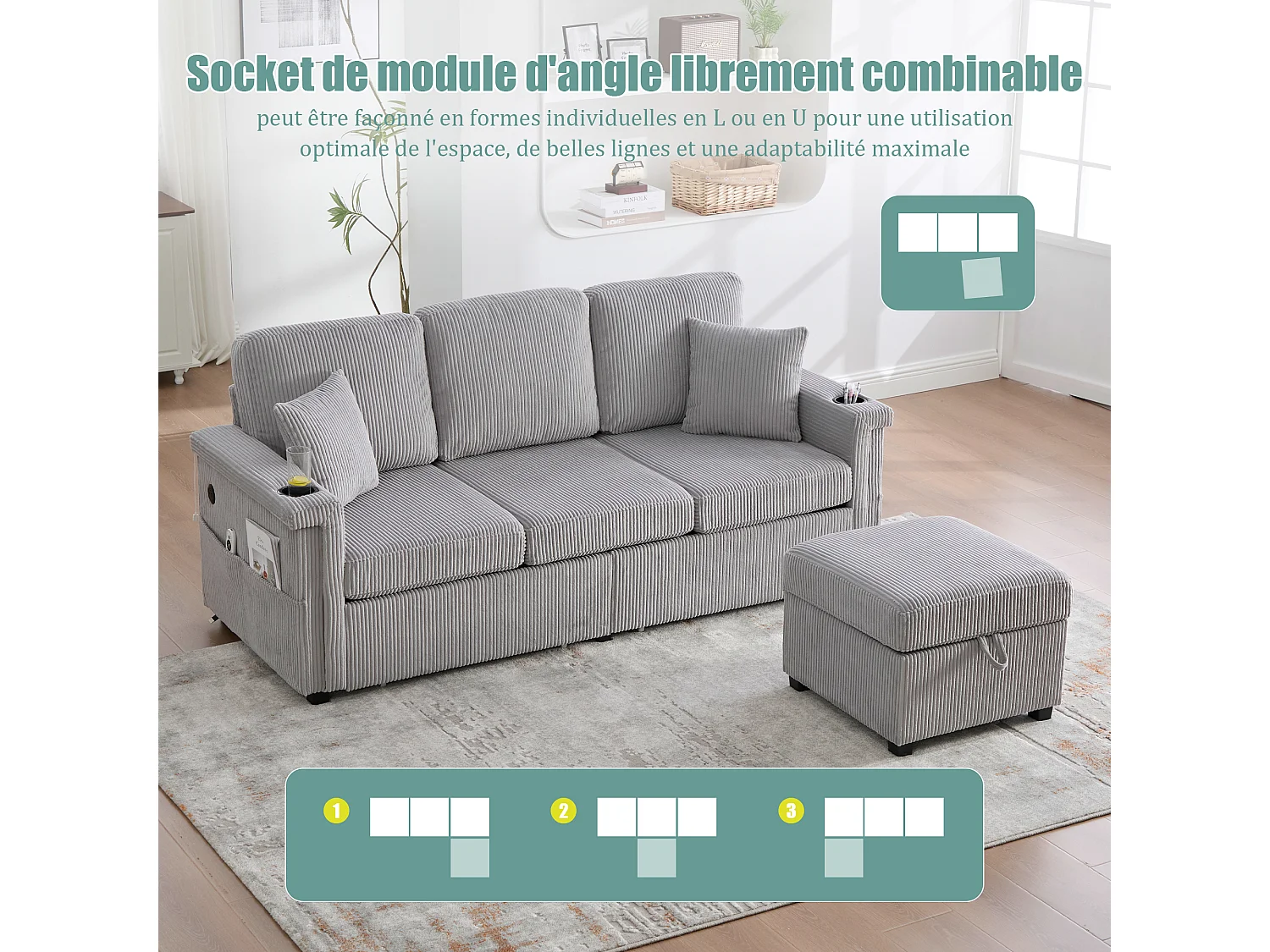 Canapé modulable 4 places gris clair - avec rangement intégré - LED/USB, porte-gobelets - Idéal pour studio ou petit appartement