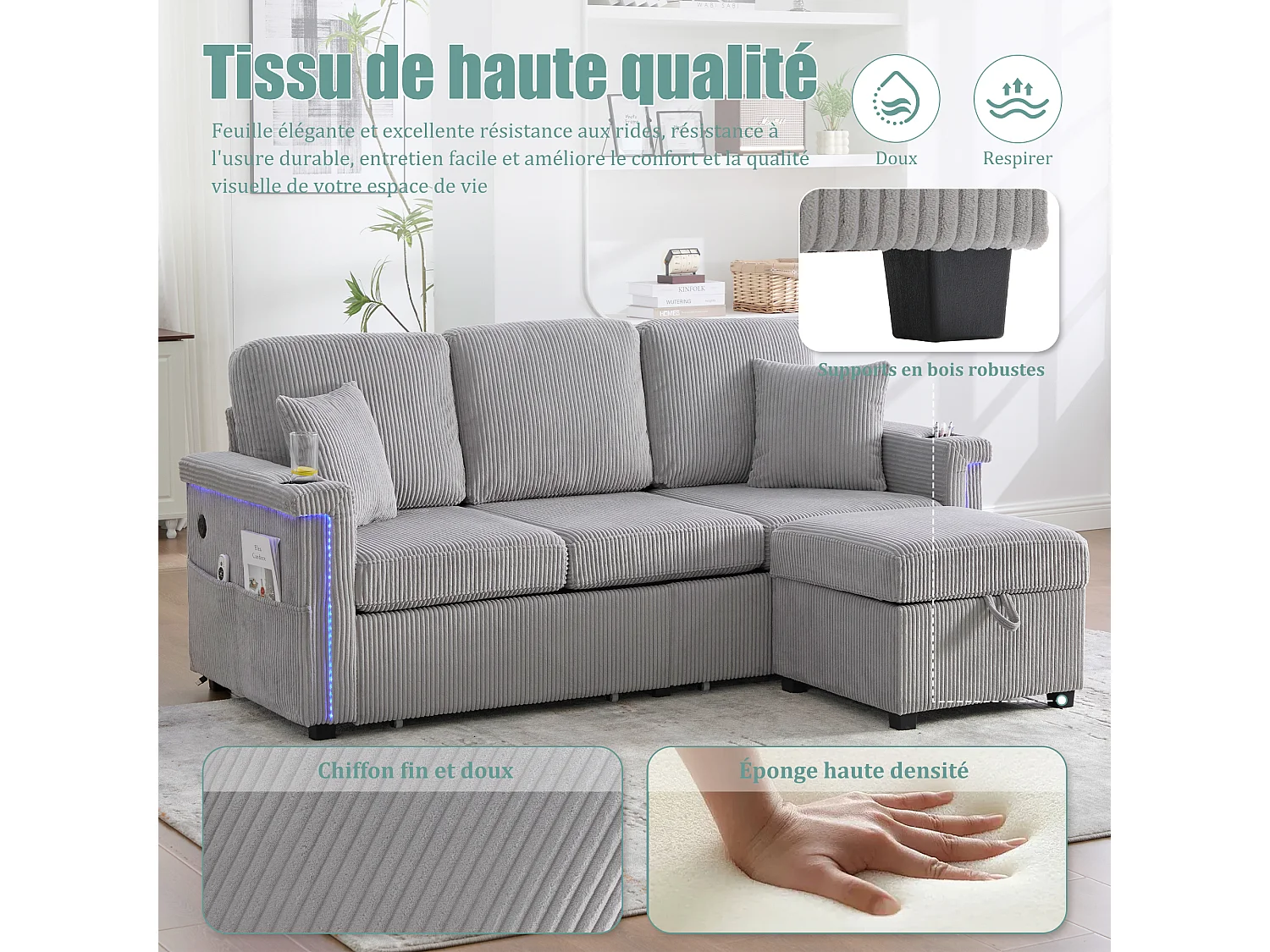 Canapé modulable 4 places gris clair - avec rangement intégré - LED/USB, porte-gobelets - Idéal pour studio ou petit appartement
