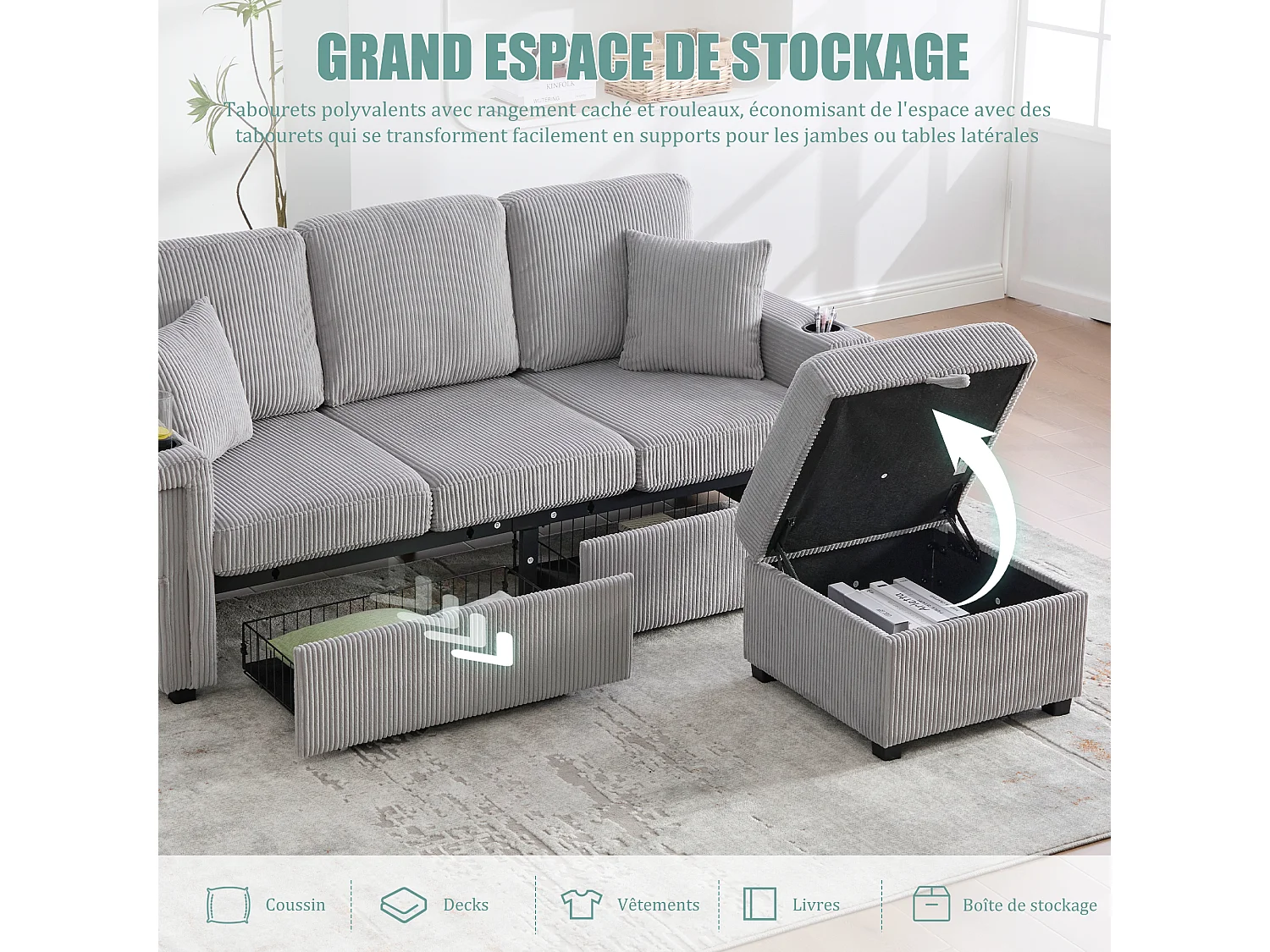 Canapé modulable 4 places gris clair - avec rangement intégré - LED/USB, porte-gobelets - Idéal pour studio ou petit appartement