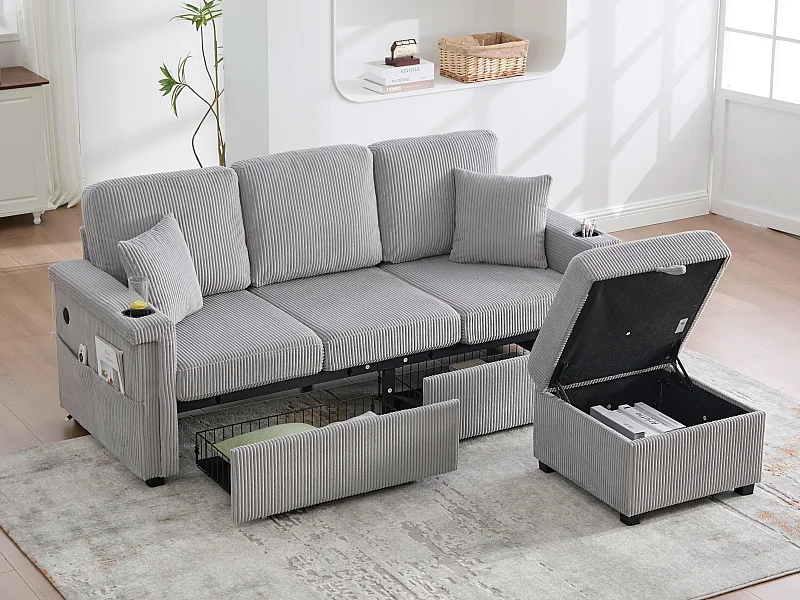 Canapé modulable 4 places gris clair - avec rangement intégré - LED/USB, porte-gobelets - Idéal pour studio ou petit appartement