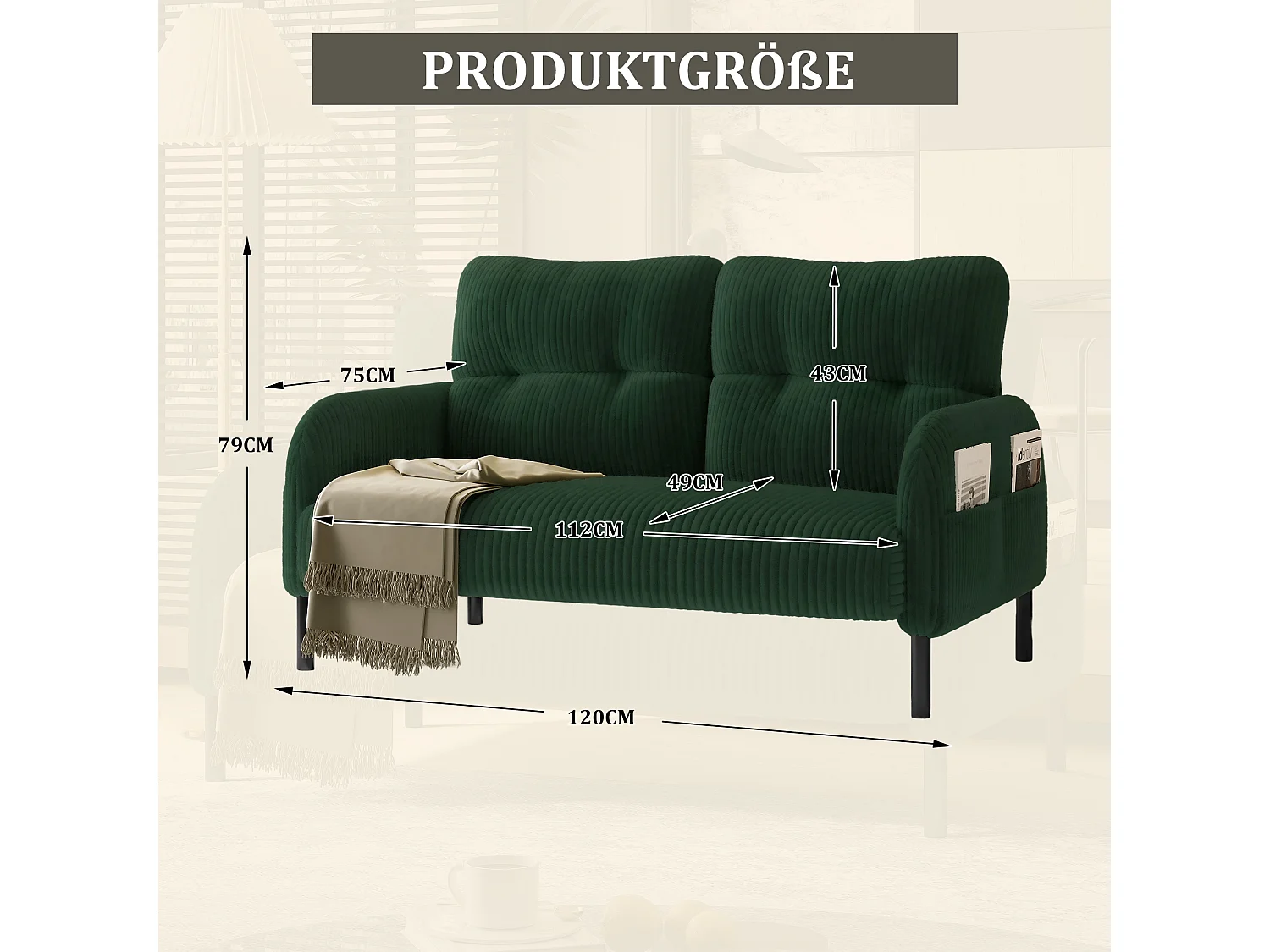 Canapé 2 places en velours côtelé vert - Canapé modulable avec Poches Latérales - Idéal pour petit salon, studio ou chambre d'étudiant