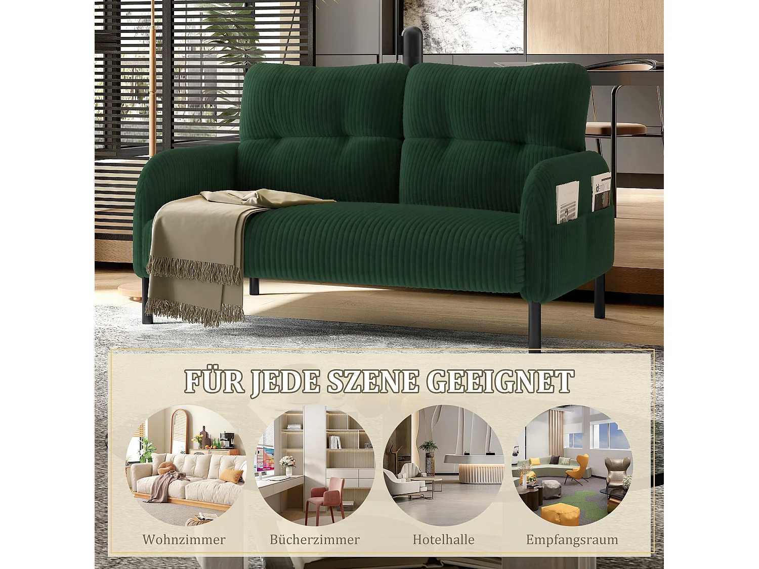 Canapé 2 places en velours côtelé vert - Canapé modulable avec Poches Latérales - Idéal pour petit salon, studio ou chambre d'étudiant