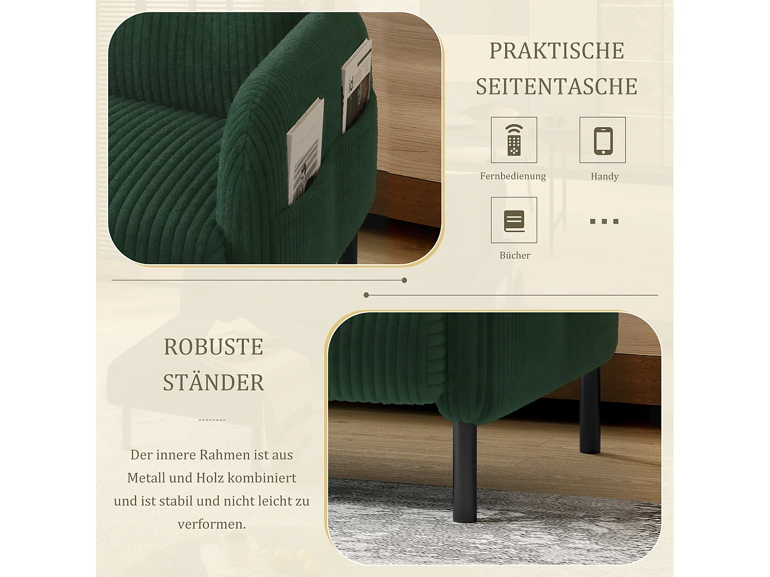 Canapé 2 places en velours côtelé vert - Canapé modulable avec Poches Latérales - Idéal pour petit salon, studio ou chambre d'étudiant