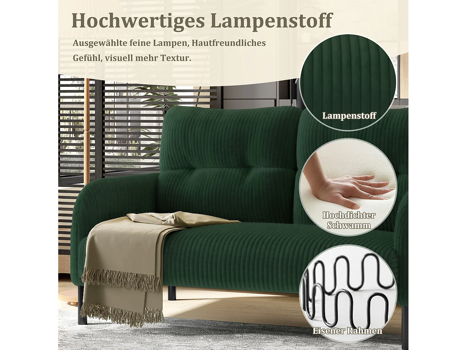 Canapé 2 places en velours côtelé vert - Canapé modulable avec Poches Latérales - Idéal pour petit salon, studio ou chambre d'étudiant