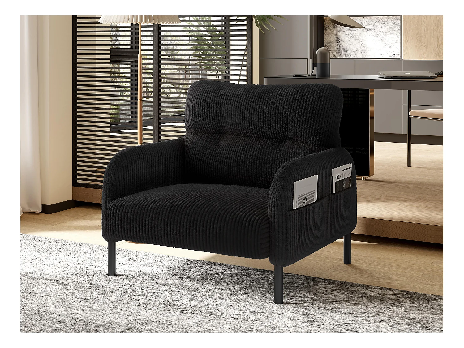 Corduroy fauteuil - met zijzakken - vierkante stijl en natuurlijk design voor woonkamer of balkon
