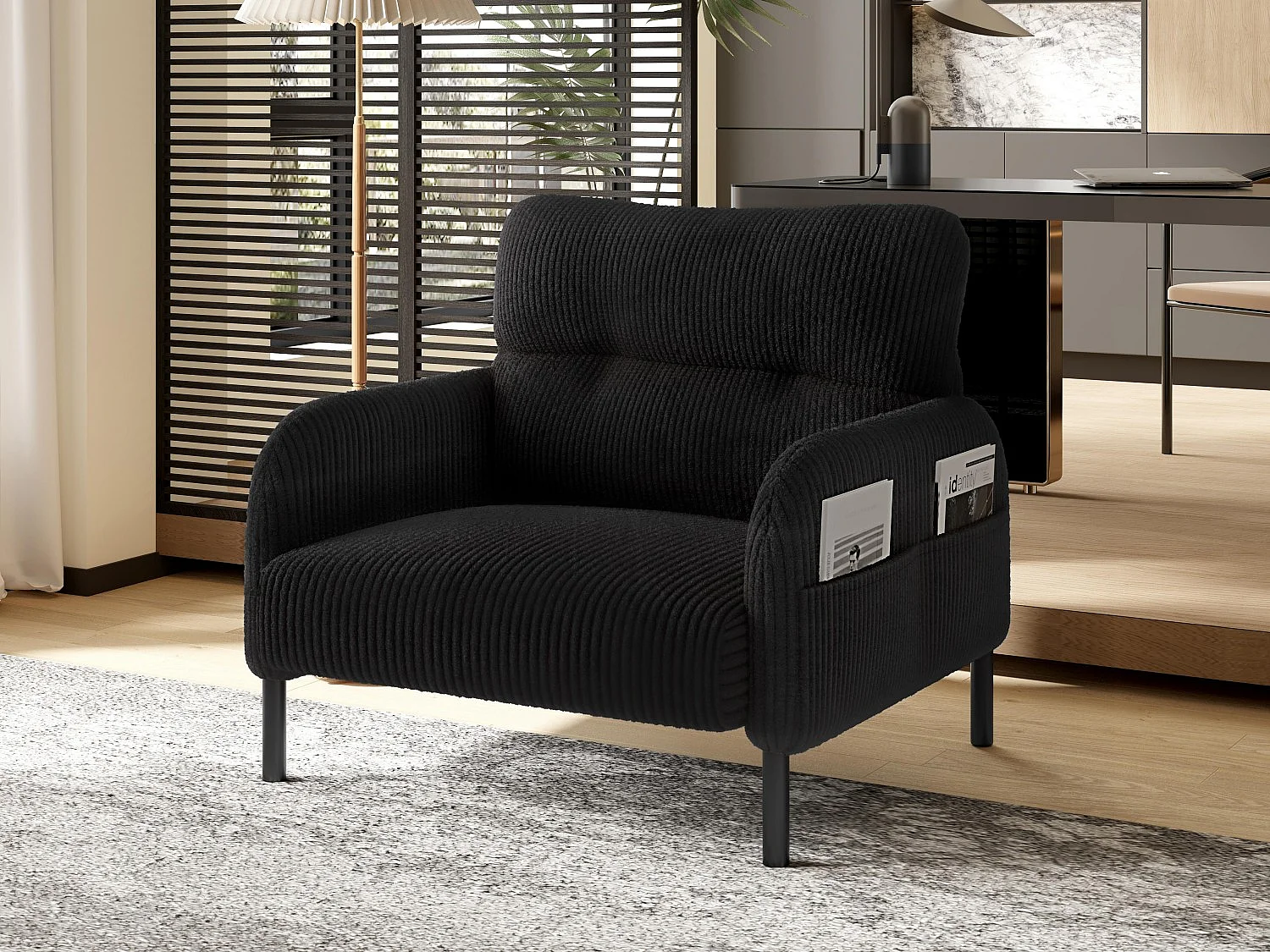 Fauteuil velours côtelé noir - avec Poches Latérales - Style Carré et Design Naturel pour Salon ou Balcon