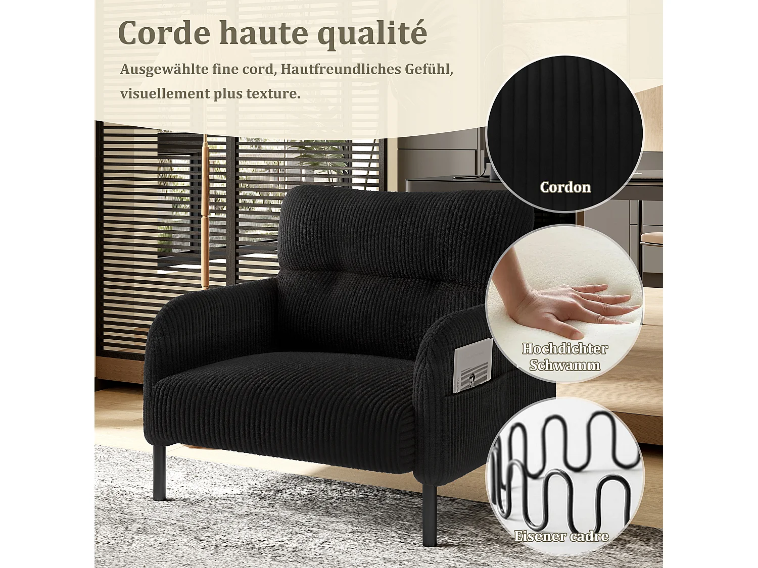 Fauteuil velours côtelé noir - avec Poches Latérales - Style Carré et Design Naturel pour Salon ou Balcon