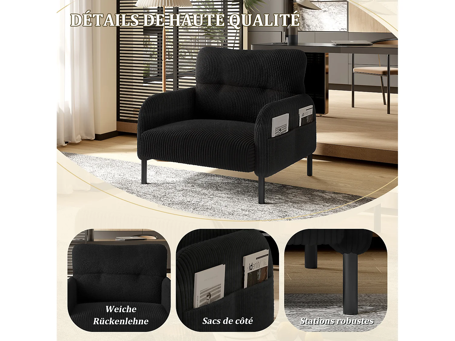 Fauteuil velours côtelé noir - avec Poches Latérales - Style Carré et Design Naturel pour Salon ou Balcon