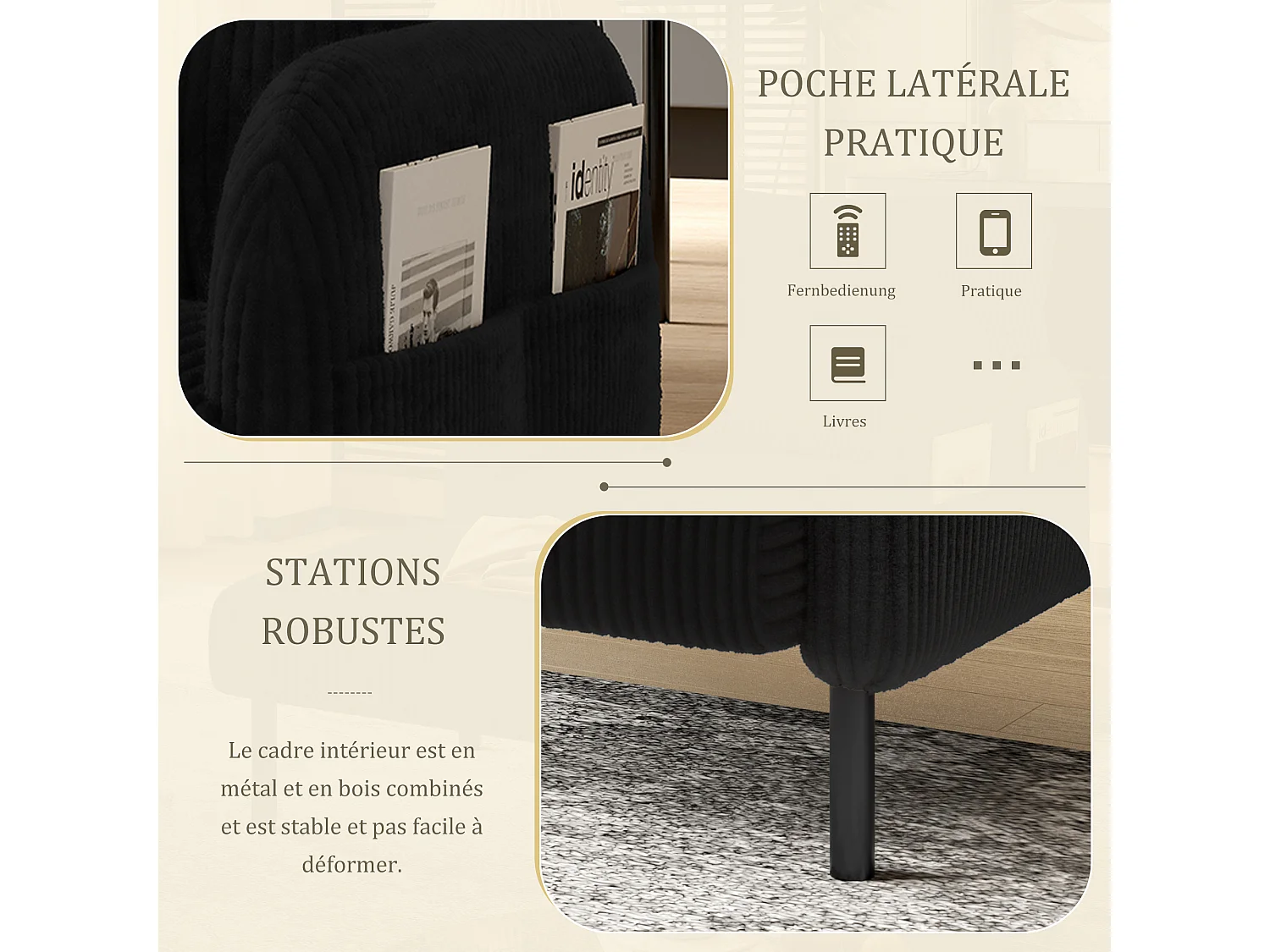 Fauteuil velours côtelé noir - avec Poches Latérales - Style Carré et Design Naturel pour Salon ou Balcon