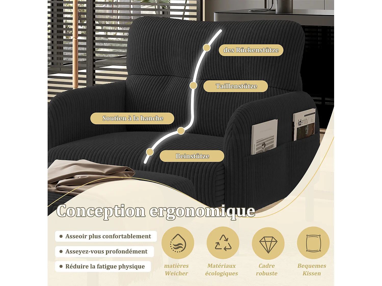 Fauteuil velours côtelé noir - avec Poches Latérales - Style Carré et Design Naturel pour Salon ou Balcon