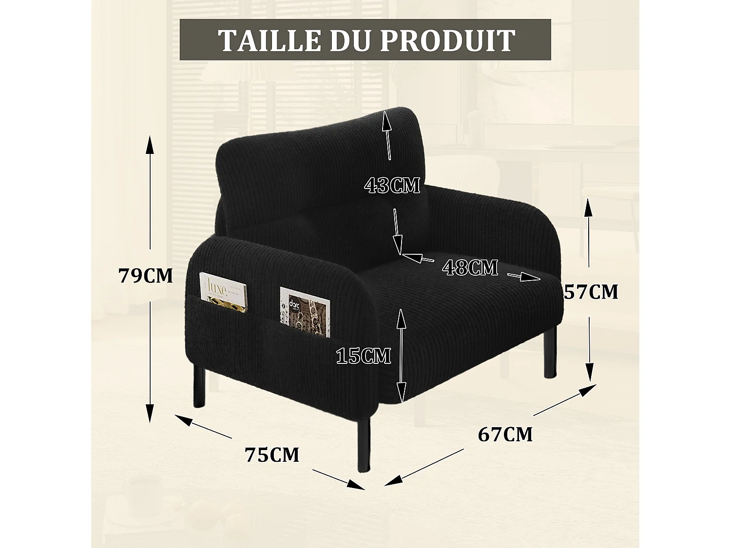 Fauteuil velours côtelé noir - avec Poches Latérales - Style Carré et Design Naturel pour Salon ou Balcon