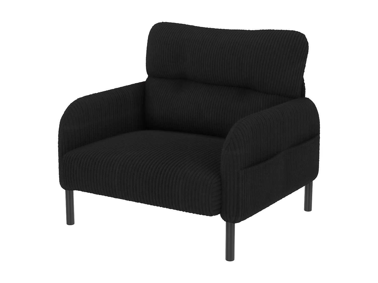 Fauteuil velours côtelé noir - avec Poches Latérales - Style Carré et Design Naturel pour Salon ou Balcon