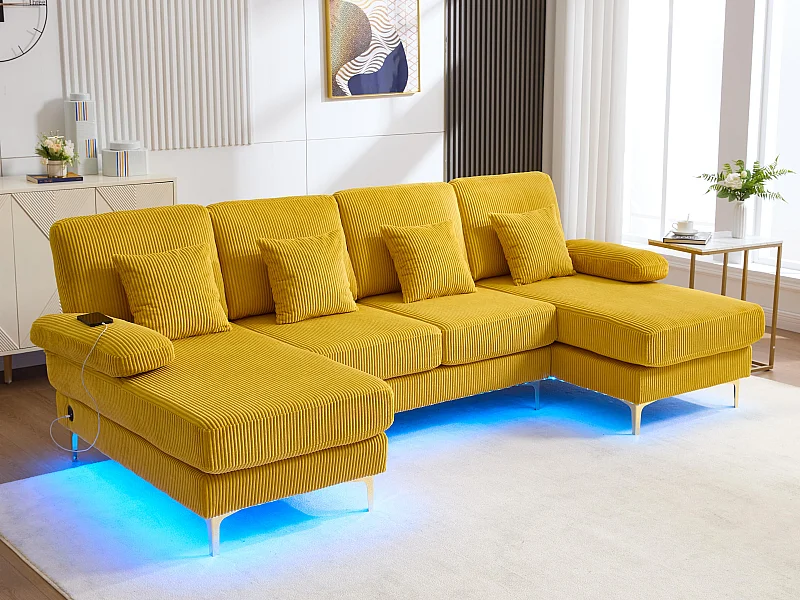 Canapé 4 places - Canapé d'angle modulable en velours jaune - Coussins amovibles double épaisseur - LED intégré et port USB - confort ergonomique et soutien optimal