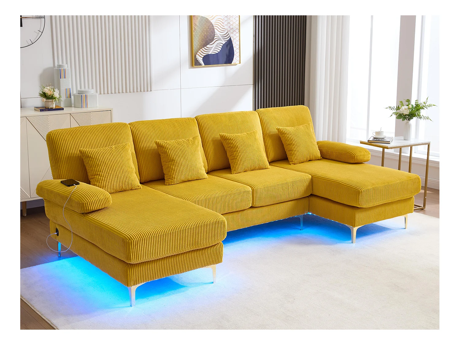 Canapé 4 places - Canapé d'angle modulable en velours jaune - Coussins amovibles double épaisseur - LED intégré et port USB - confort ergonomique et soutien optimal