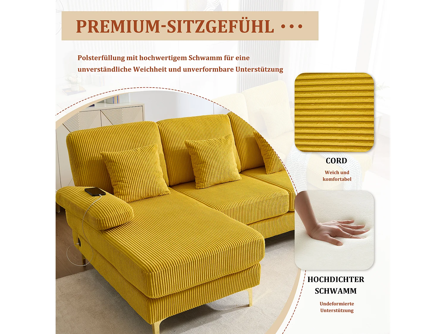 Canapé 4 places - Canapé d'angle modulable en velours jaune - Coussins amovibles double épaisseur - LED intégré et port USB - confort ergonomique et soutien optimal