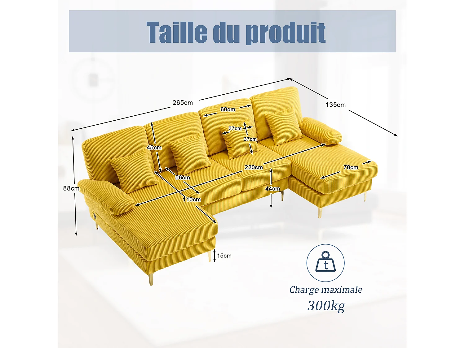 Canapé 4 places - Canapé d'angle modulable en velours jaune - Coussins amovibles double épaisseur - LED intégré et port USB - confort ergonomique et soutien optimal