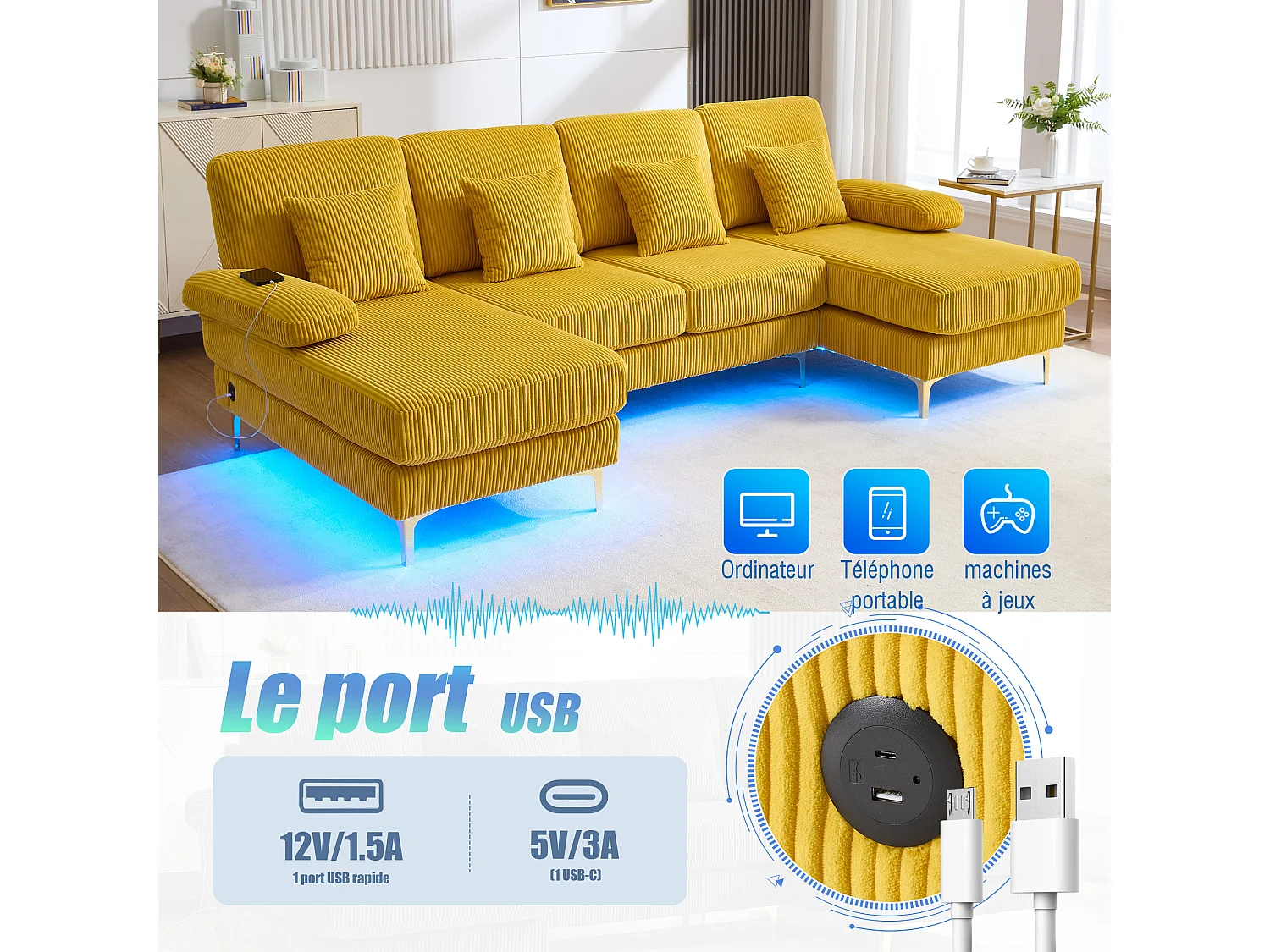 Canapé 4 places - Canapé d'angle modulable en velours jaune - Coussins amovibles double épaisseur - LED intégré et port USB - confort ergonomique et soutien optimal