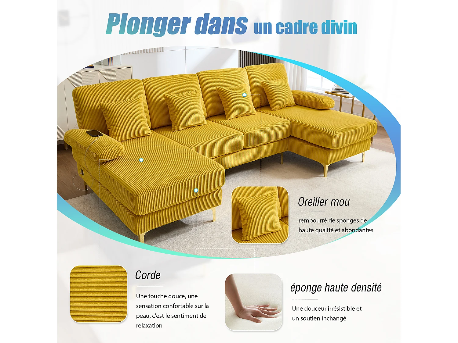 Canapé 4 places - Canapé d'angle modulable en velours jaune - Coussins amovibles double épaisseur - LED intégré et port USB - confort ergonomique et soutien optimal