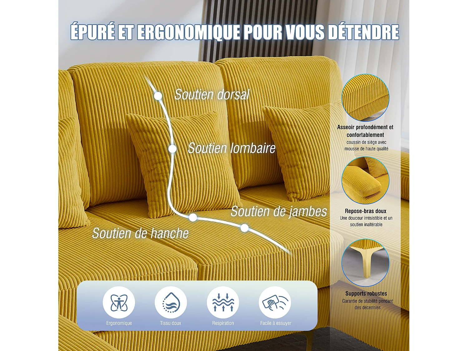 Canapé 4 places - Canapé d'angle modulable en velours jaune - Coussins amovibles double épaisseur - LED intégré et port USB - confort ergonomique et soutien optimal