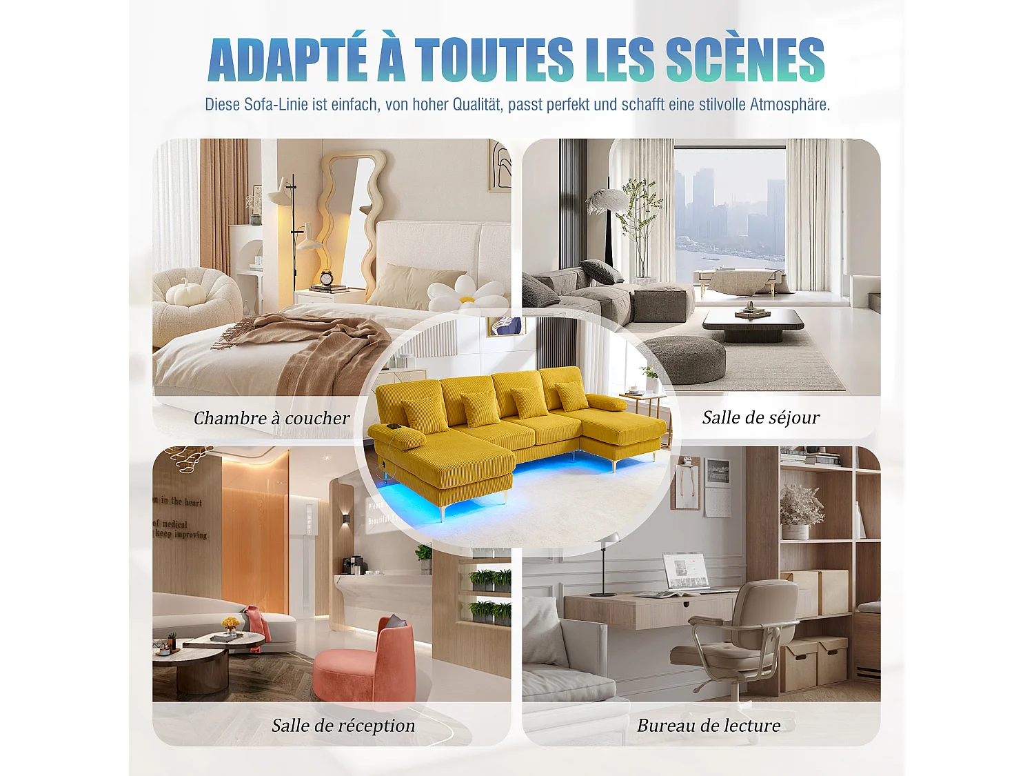 Canapé 4 places - Canapé d'angle modulable en velours jaune - Coussins amovibles double épaisseur - LED intégré et port USB - confort ergonomique et soutien optimal