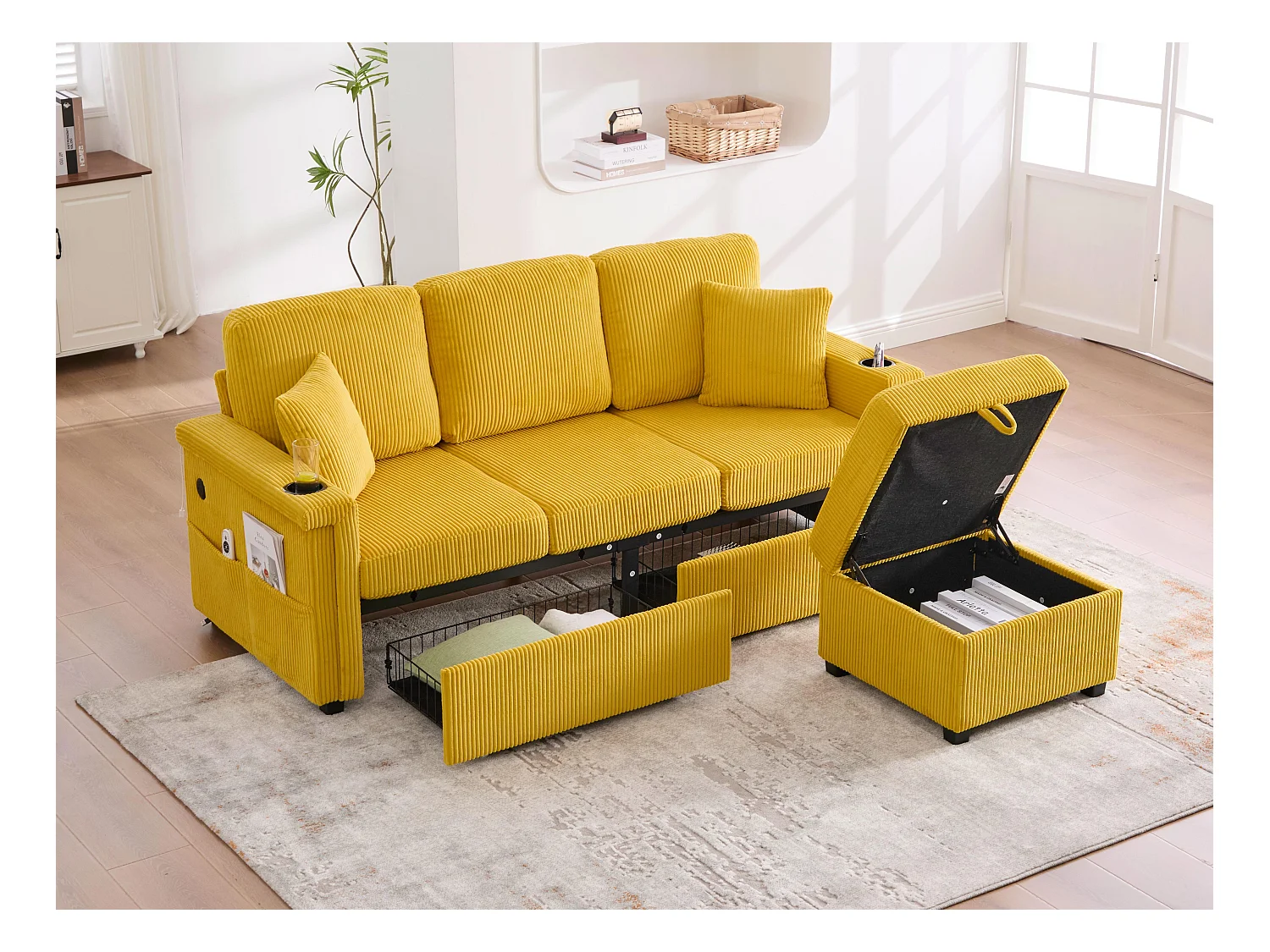Canapé modulable 4 places jaune - avec rangement intégré - LED/USB, porte-gobelets - Idéal pour studio ou petit appartement