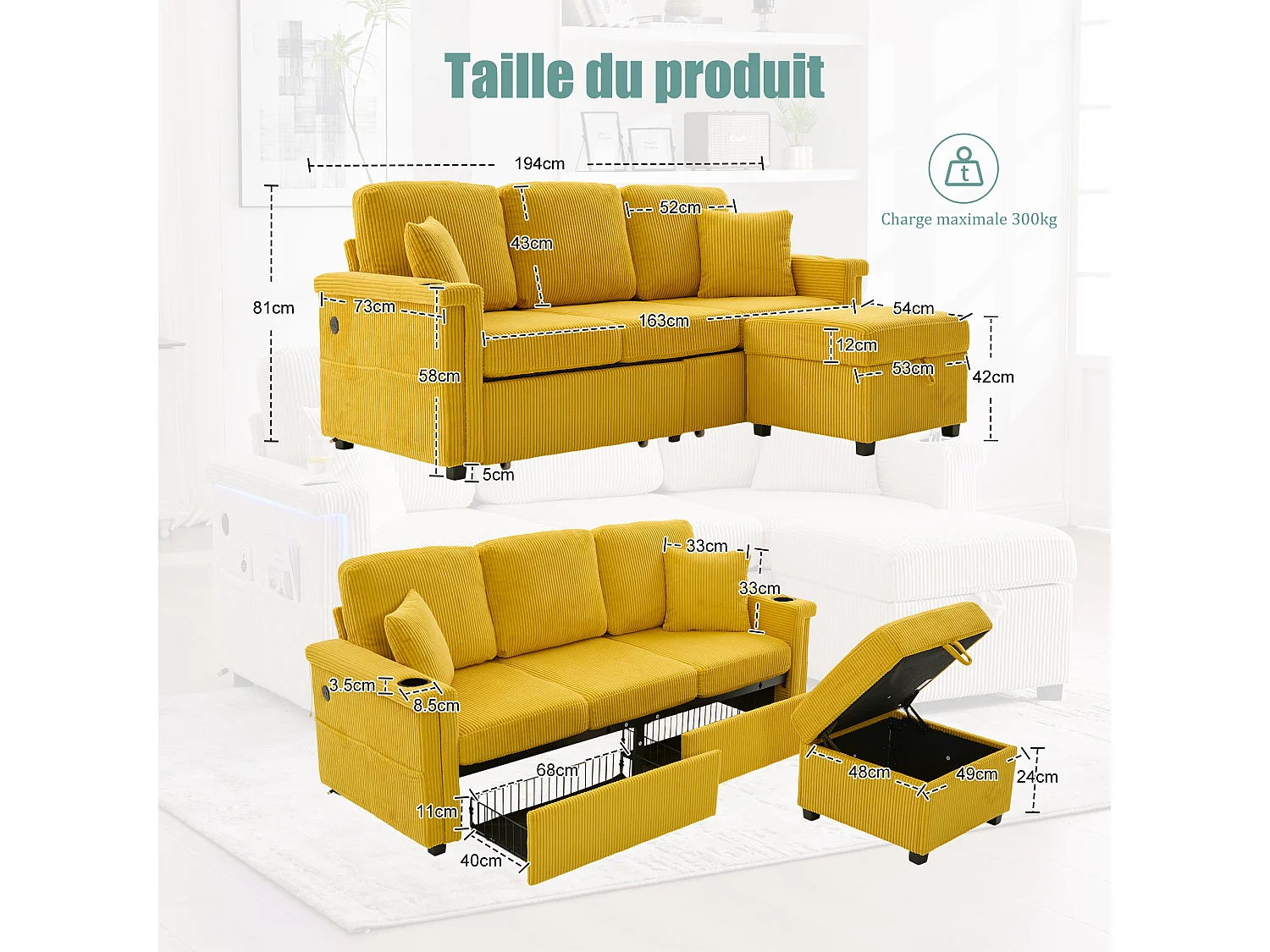 Canapé modulable 4 places jaune - avec rangement intégré - LED/USB, porte-gobelets - Idéal pour studio ou petit appartement