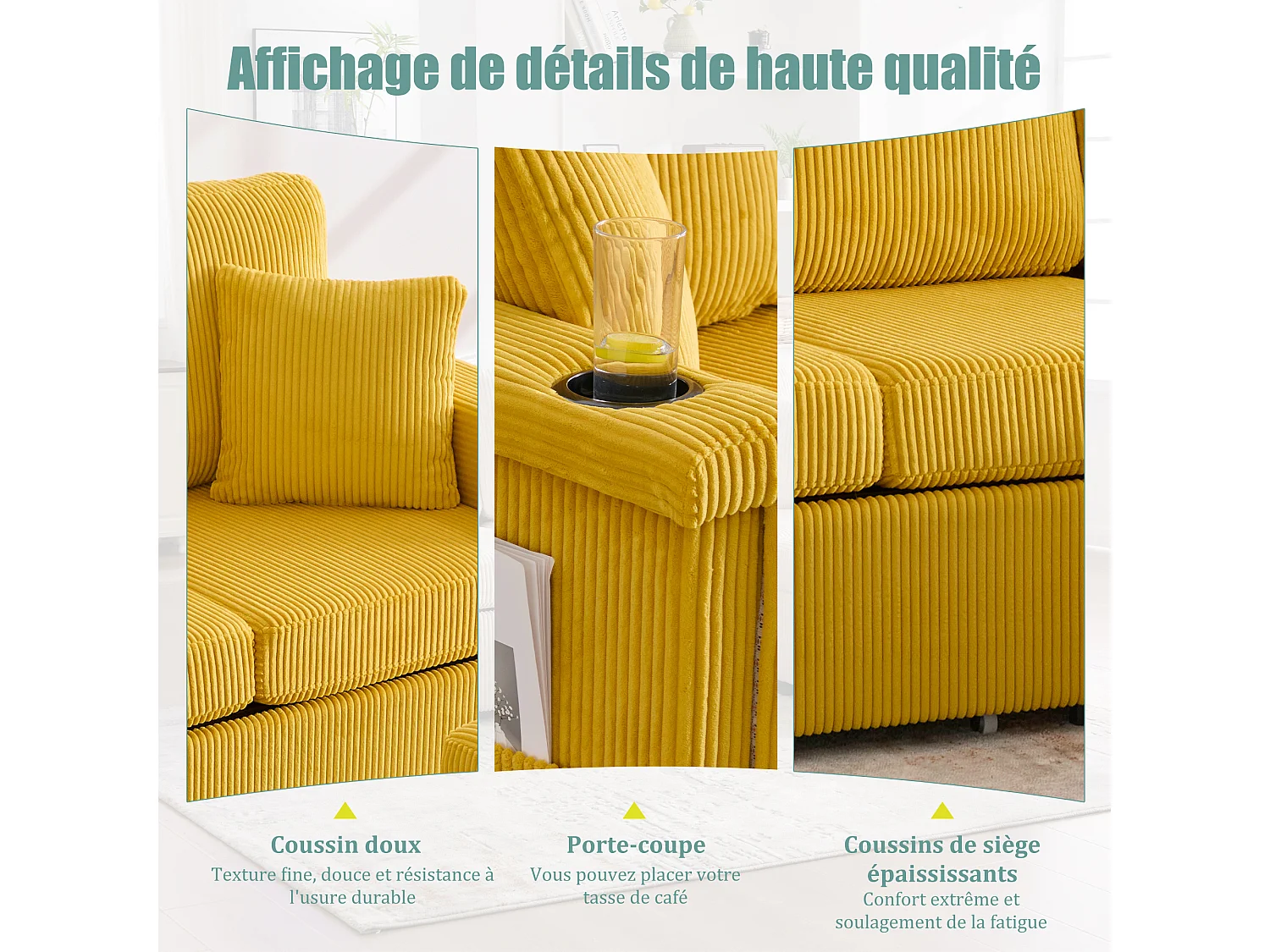 Canapé modulable 4 places jaune - avec rangement intégré - LED/USB, porte-gobelets - Idéal pour studio ou petit appartement