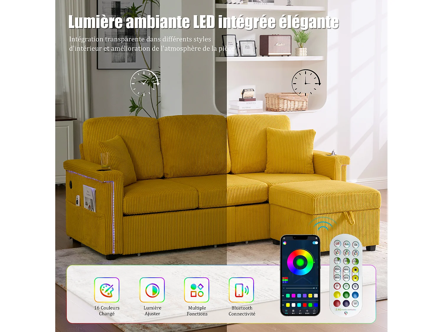 Canapé modulable 4 places jaune - avec rangement intégré - LED/USB, porte-gobelets - Idéal pour studio ou petit appartement
