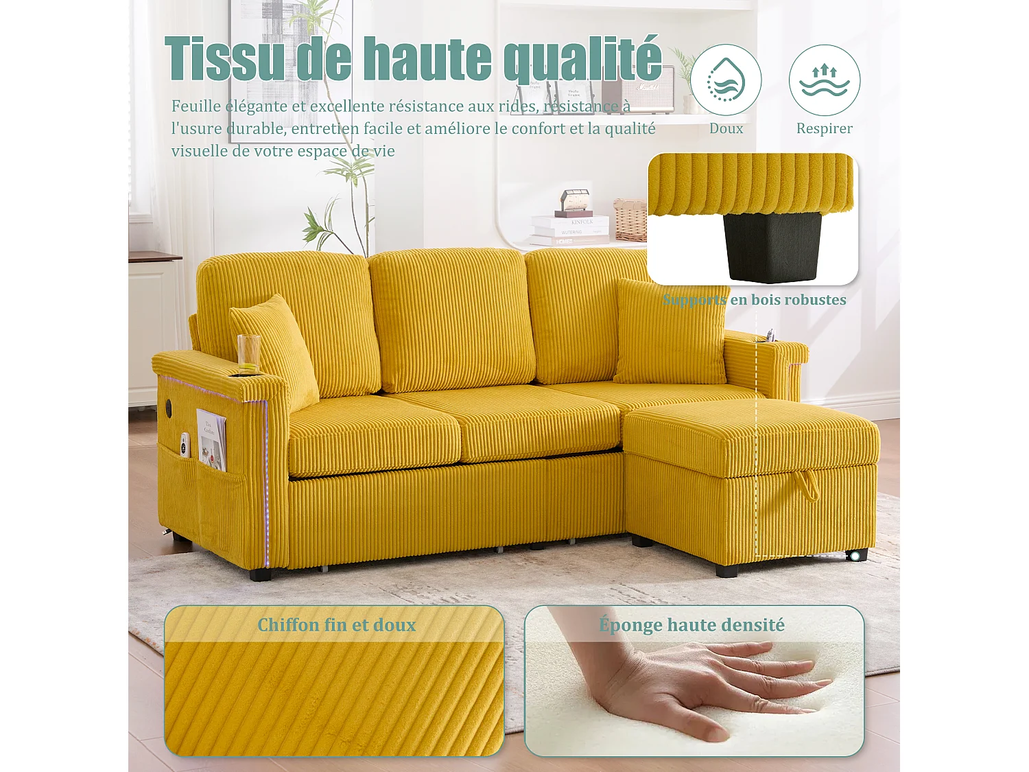 Canapé modulable 4 places jaune - avec rangement intégré - LED/USB, porte-gobelets - Idéal pour studio ou petit appartement
