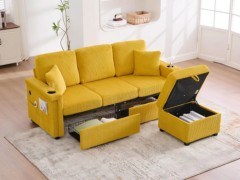 Canapé modulable 4 places jaune - avec rangement intégré - LED/USB, porte-gobelets - Idéal pour studio ou petit appartement