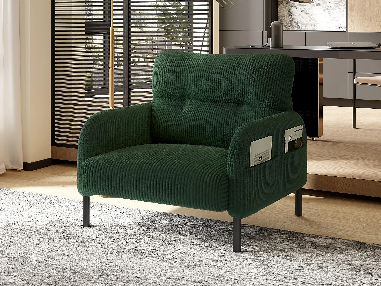 Fauteuil velours côtelé vert - avec Poches Latérales - Style Carré et Design Naturel pour Salon ou Balcon
