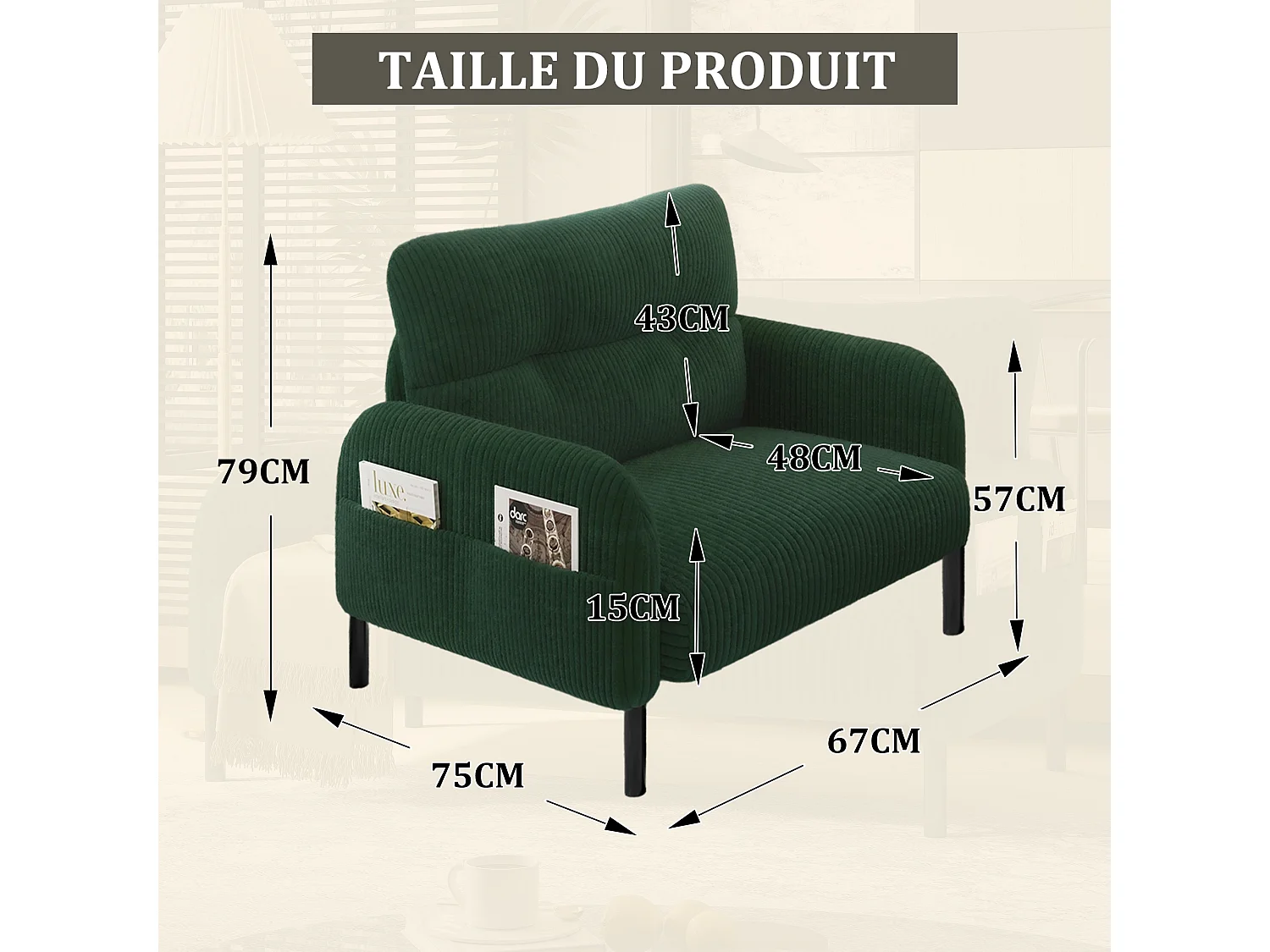 Fauteuil velours côtelé vert - avec Poches Latérales - Style Carré et Design Naturel pour Salon ou Balcon