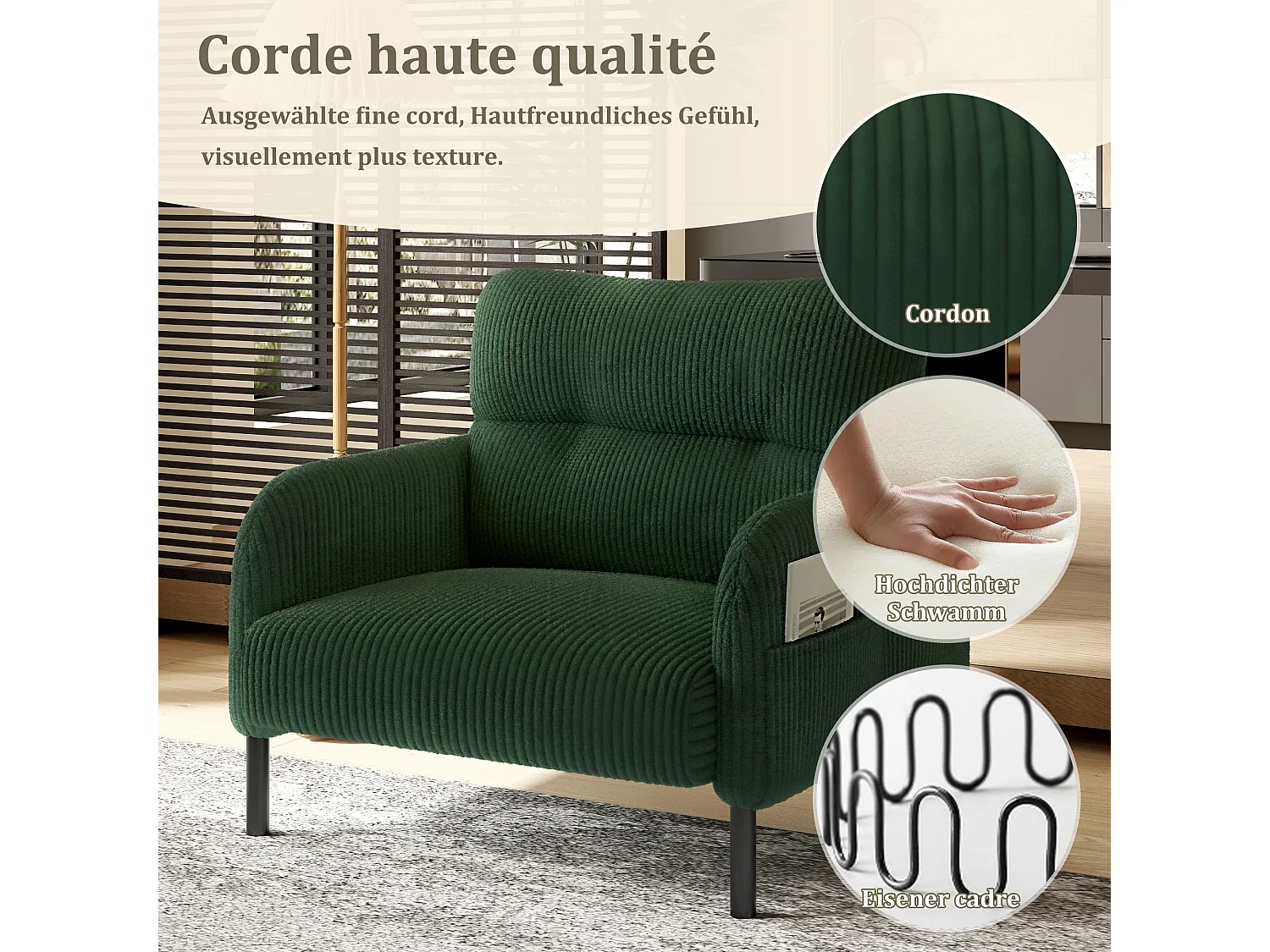 Fauteuil velours côtelé vert - avec Poches Latérales - Style Carré et Design Naturel pour Salon ou Balcon
