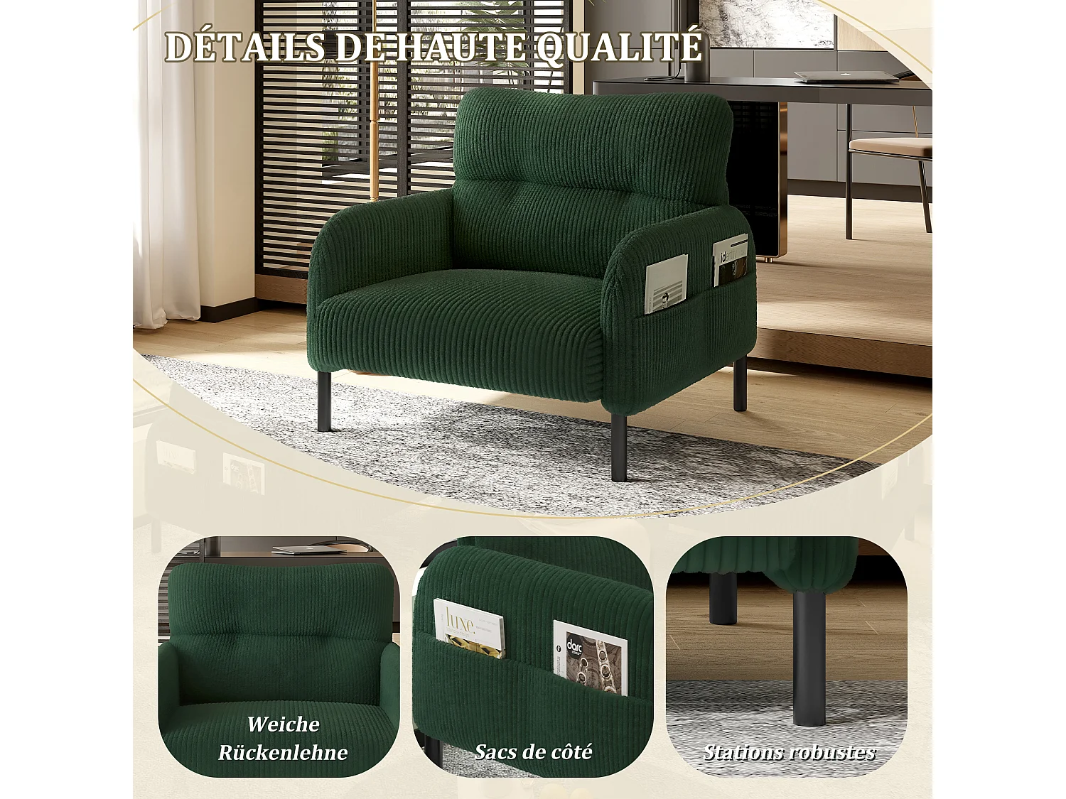 Fauteuil velours côtelé vert - avec Poches Latérales - Style Carré et Design Naturel pour Salon ou Balcon