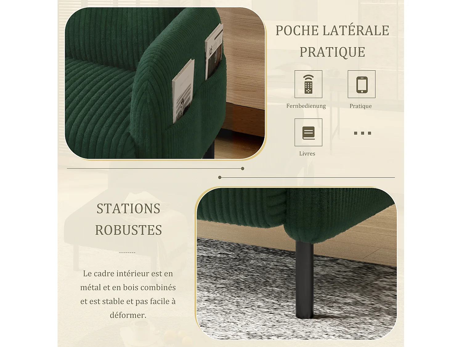 Fauteuil velours côtelé vert - avec Poches Latérales - Style Carré et Design Naturel pour Salon ou Balcon