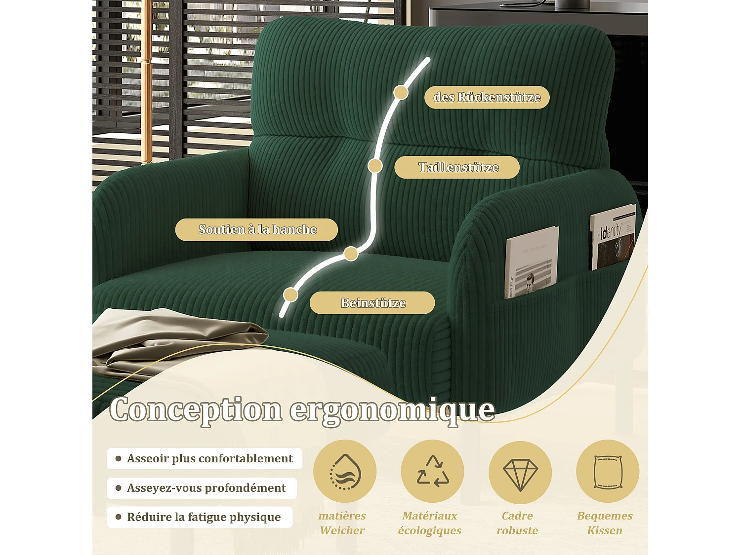 Fauteuil velours côtelé vert - avec Poches Latérales - Style Carré et Design Naturel pour Salon ou Balcon