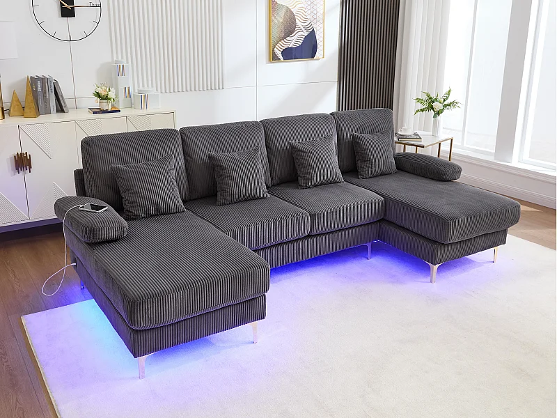 Canapé 4 places - Canapé d'angle modulable en velours gris - Coussins amovibles double épaisseur - LED intégré et port USB - confort ergonomique et soutien optimal