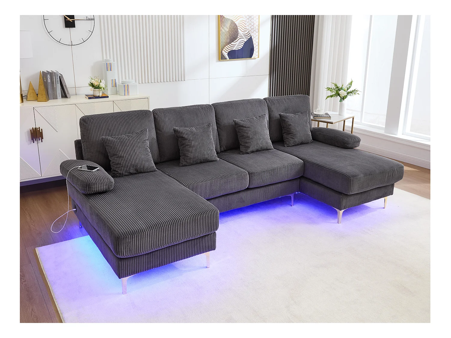 Canapé 4 places - Canapé d'angle modulable en velours gris - Coussins amovibles double épaisseur - LED intégré et port USB - confort ergonomique et soutien optimal