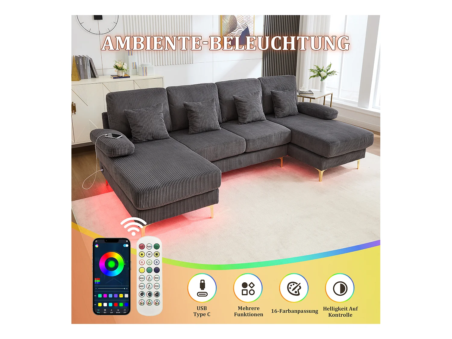 Canapé 4 places - Canapé d'angle modulable en velours gris - Coussins amovibles double épaisseur - LED intégré et port USB - confort ergonomique et soutien optimal