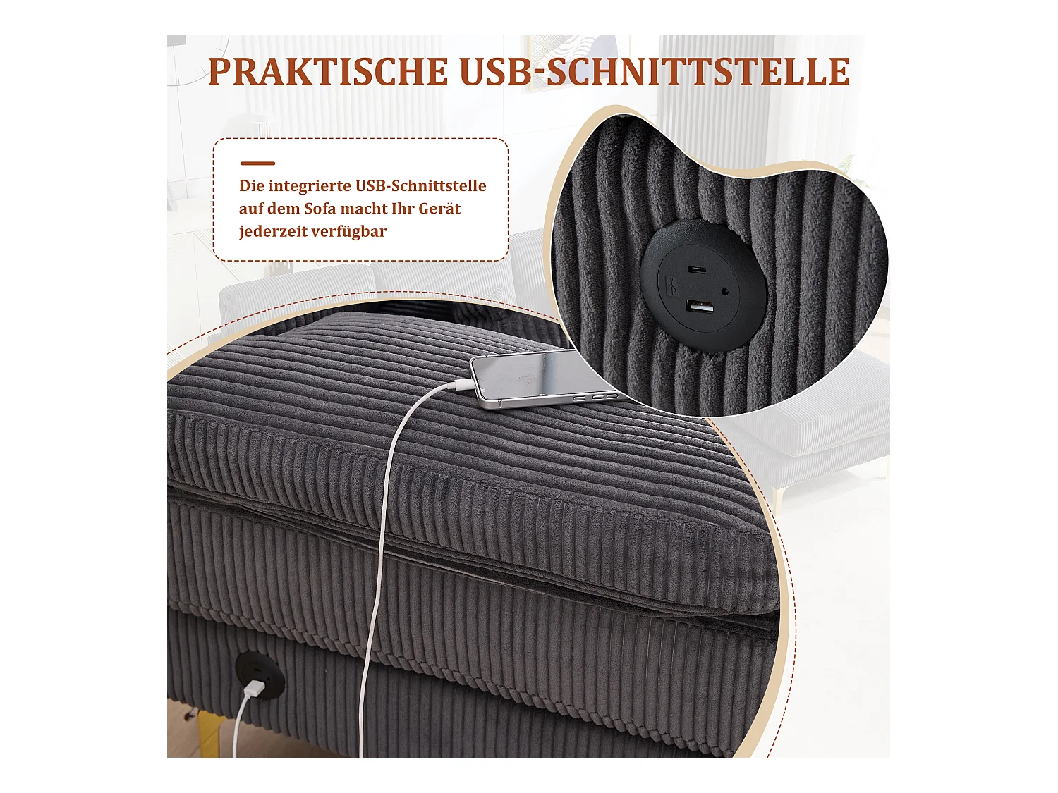 Canapé 4 places - Canapé d'angle modulable en velours gris - Coussins amovibles double épaisseur - LED intégré et port USB - confort ergonomique et soutien optimal